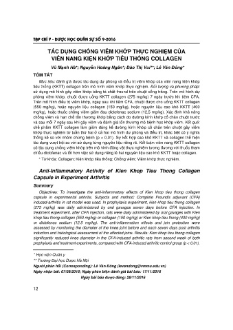 Tác dụng chống viêm khớp thực nghiệm của viên nang kiện khớp tiêu thống collagen