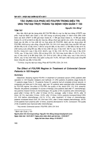 Tác dụng của phác đồ folfiri trong điều trị ung thư đại trực tràng tại bệnh viện quân y 103