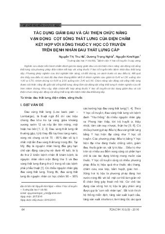 Tác dụng giảm đau và cải thiện chức năng vận động cột sống thắt lưng của điện châm kết hợp với xông thuốc y học cổ truyền trên bệnh nhân đau thắt lưng cấp
