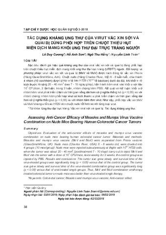 Tác dụng kháng ung thư của virut vắc xin sởi và quai bị dùng phối hợp trên chuột thiếu hụt miễn dịch mang khối ung thư đại trực tràng người