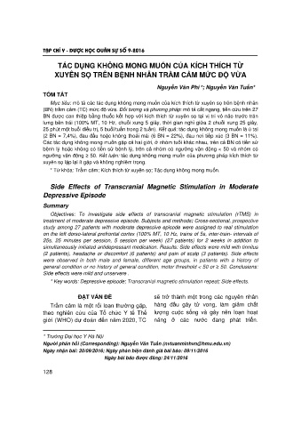 Tác dụng không mong muốn của kích thích từ xuyên sọ trên bệnh nhân trầm cảm mức độ vừa