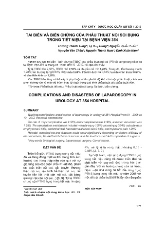 Tai biến và biến chứng của phẫu thuật nội soi bụng trong tiết niệu tại bệnh viện 354