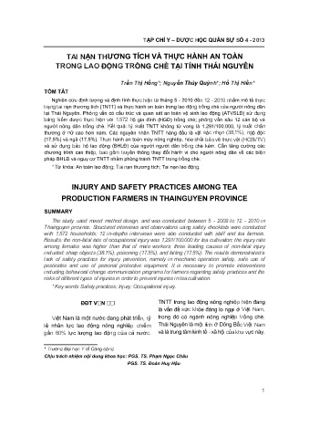 Tai nạn thương tích và thực hành an toàn trong lao động trồng chè tại tỉnh Thái Nguyên