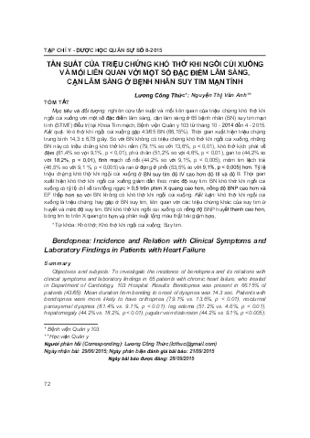 Tần suất của triệu chứng khó thở khi ngồi cúi xuống và mối liên quan với một số đặc điểm lâm sàng, cận lâm sàng ở bệnh nhân suy tim mạn tính