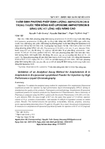 Thẩm định phương pháp định lượng amphotericin B trong thuốc tiêm đông hô liposome amphotericin B bằng sắc ký lỏng hiệu năng cao