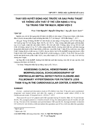 Thay đổi huyết động học trước và sau phẫu thuật vá thông liên thất ở trẻ cân nặng ≤ 10 kg tại trung tâm tim mạch, bệnh viện E