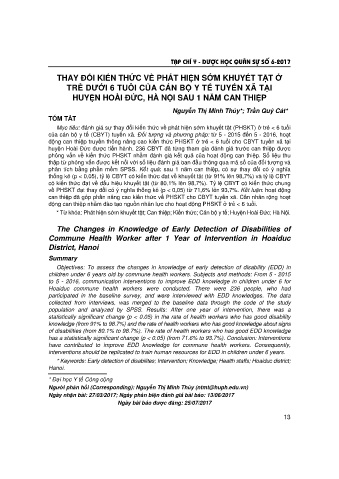Thay đối kiến thức về phát hiện sớm khuyết tật ở trẻ dưới 6 tuổi của cán bộ y tế tuyến xã tại huyện Hoài Đức, Hà Nội sau 1 năm can thiệp
