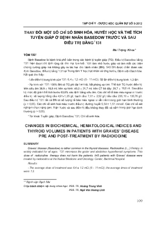 Thay đổi một số chỉ số sinh hóa, huyết học và thể tích tuyến giáp ở bệnh nhân basedow trước và sau điều trị bằng I131