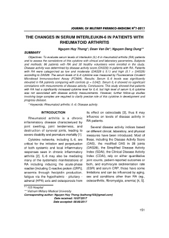 The changes in serum interleukin - 6 in patients with rheumatoid arthritis