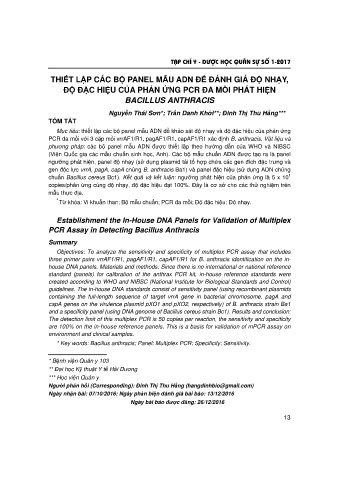 Thiết lập các bộ panel mẫu adn để đánh giá độ nhạy, độ đặc hiệu của phản ứng pcr đa mồi phát hiện bacillus anthracis