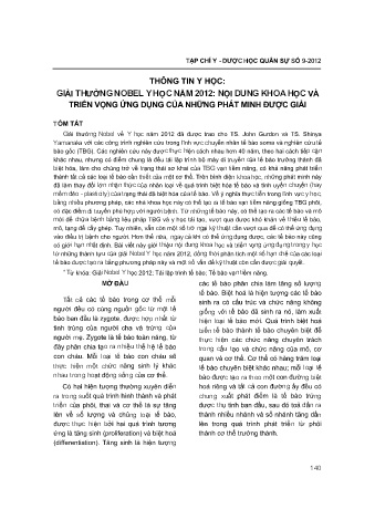 Thông tin y học: Giải thưởng nobel y học năm 2012: Nội dung khoa học và triển vọng ứng dụng của những phát minh được giải