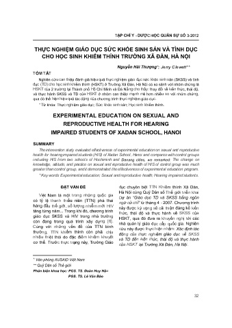 Thực nghiệm giáo dục sức khỏe sinh sản và tình dục cho học sinh khiếm thính trường xã Đàn, Hà Nội