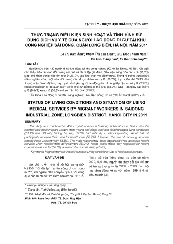 Thực trạng điều kiện sinh hoạt và tình hình sử dụng dịch vụ y tế của người lao động di cư tại khu công nghiệp sài đồng, Quận Long Biên, Hà Nội, năm 2011