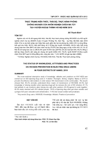 Thực trạng kiến thức, thái độ, thực hành phòng chống HIV / AIDS của nhóm nghiện chích ma túy tại 4 huyện Ngoại Thành Hà Nội năm 2010