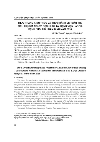 Thực trạng kiến thức và thực hành về tuân thủ điều trị của người bệnh lao tại bệnh viện lao và bệnh phổi tỉnh Nam Định năm 2016