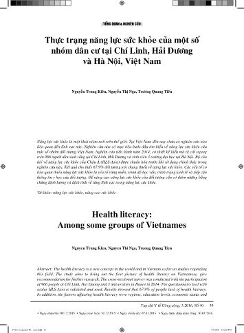 Thực trạng năng lực sức khỏe của một số nhóm dân cư tại Chí Linh, Hải Dương và Hà Nội, Việt Nam