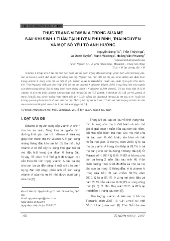 Thực trạng vitamin a trong sữa mẹ sau khi sinh 1 tuần tại huyện Phú Bình, Thái Nguyên và một số yếu tố ảnh hưởng