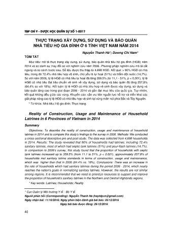 Thực trạng xây dựng, sử dụng và bảo quản nhà tiêu hộ gia đình ở 6 tỉnh Việt Nam năm 2014