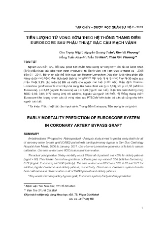 Tiên lượng tử vong sớm theo hệ thống thang điểm euroscore sau phẫu thuật bắc cầu mạch vành