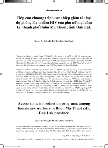 Tiếp cận chương trình can thiệp giảm tác hại dự phòng lây nhiễm HIV của phụ nữ mại dâm tại thành phố Buôn Ma Thuột, tỉnh Đăk Lăk