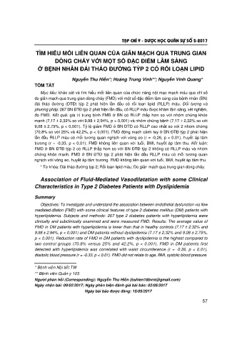 Tìm hiểu mối liên quan của giãn mạch qua trung gian dòng chảy với một số đặc điểm lâm sàng ở bệnh nhân đái tháo đường týp 2 có rối loạn lipid