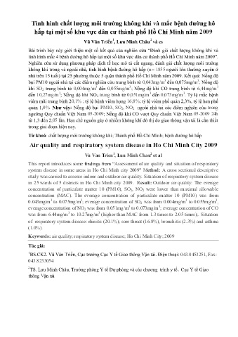 Tình hình chất lượng môi trường không khí và mắc bệnh đường hô hấp tại một số khu vực dân cư thành phố Hồ Chí Minh năm 2009