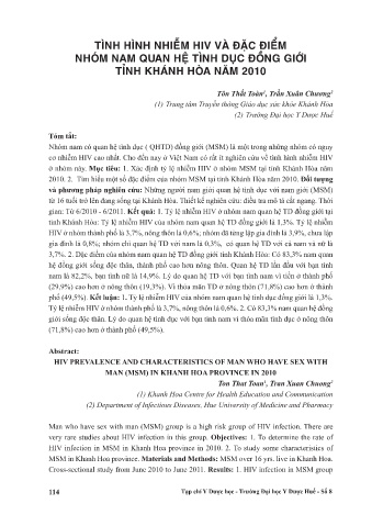 Tình hình nhiễm HIV và đặc diem nhóm nạm quan hệ tình dục đóng giới tỉnh Khánh Hòa năm 2010