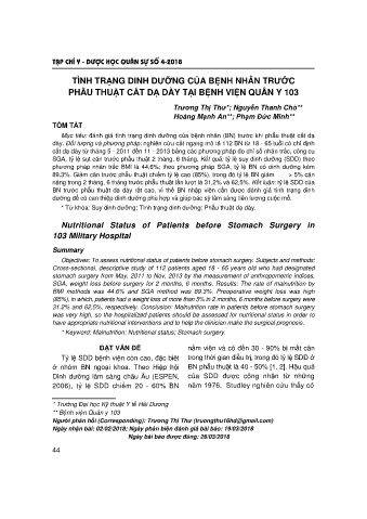 Tình trạng dinh dưỡng của bệnh nhân trước phẫu thuật cắt dạ dày tại bệnh viện quân y 103