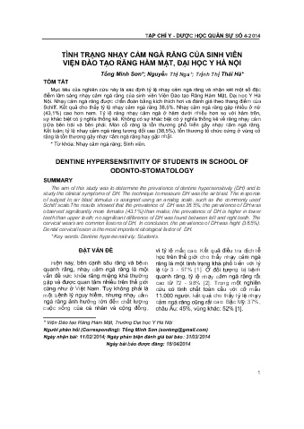 Tình trạng nhạy cảm ngà ràng của sinh viên viện đào tạo răng hàm mặt, đại học y Hà Nội