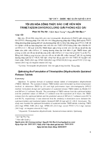 Tối ưu hóa công thức bào chế viên nén trimetazidin dihydroclorid giải phóng kéo dài