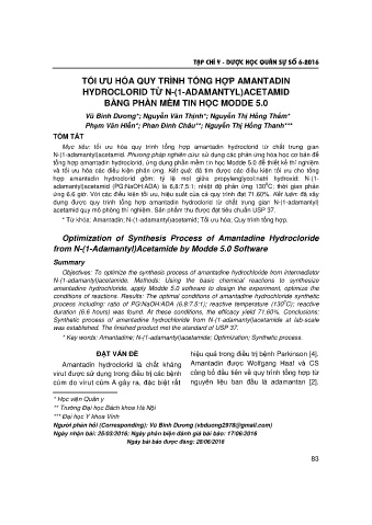 Tối ưu hóa quy trình tổng hợp amantadin hydroclorid từ n - (1 - adamantyl) acetamid bằng phần mềm tin học modde 5.0