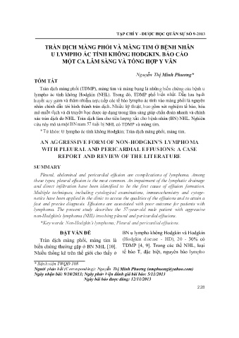 Tràn dịch màng phổi và màng tim ở bệnh nhân u lympho ác tính không hodgkin, báo cáo một ca lâm sàng và tổng hợp y văn