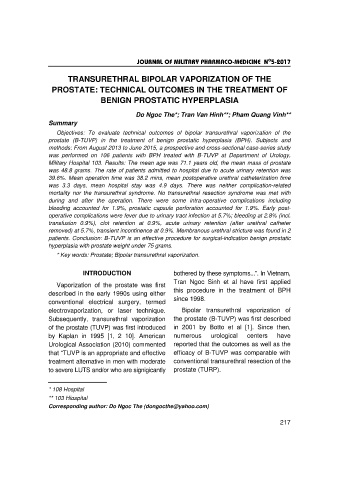 Transurethral bipolar vaporization of the prostate: Technical outcomes in the treatment of benign prostatic hyperplasia