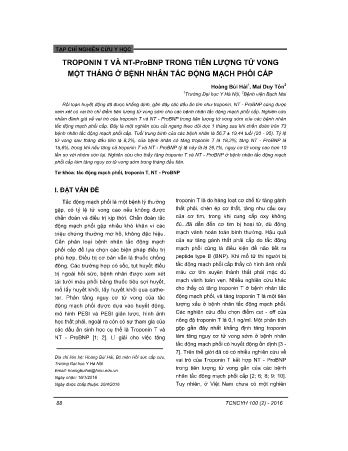 Troponin T và NT - -ProBNP trong tiên lượng tử vong một tháng ở bệnh nhân tác động mạch phổi cấp