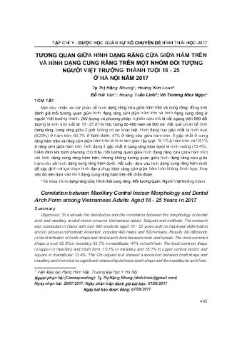 Tương quan giữa hình dạng răng cửa giữa hàm trên và hình dạng cung răng trên một nhóm đối tượng người Việt trưởng thành tuổi 18 - 25 ở Hà Nội năm 2017