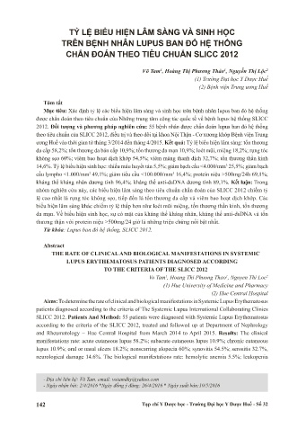 Tỷ lệ biểu hiện lâm sàng và sinh học trên bệnh nhân lupus ban đỏ hệ thống chẩn đoán theo tiêu chuẩn slicc 2012