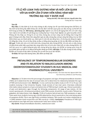 Tỷ lệ rối loạn thái dương hàm và mối liên quan với sai khớp cắn ở sinh viên răng hàm mặt trường đại học y dược Huế