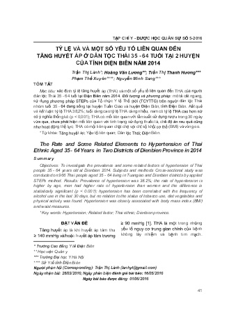 Tỷ lệ và và một số yếu tố liên quan đến tăng huyết áp ở dân tộc thái 35 - 64 tuổi tại 2 huyện của tỉnh Điện Biên năm 2014