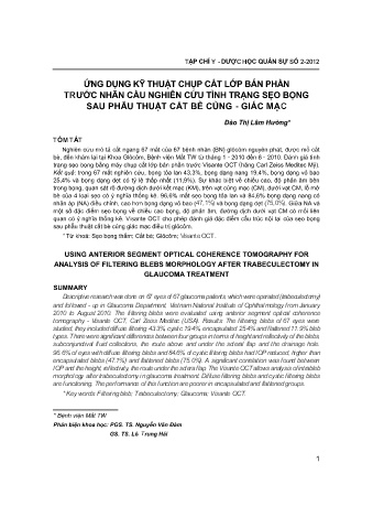 Ứng dụng kỹ thuật chụp cắt lớp bán phần trước nhãn cầu nghiên cứu tình trạng sẹo bọng sau phẫu thuật cắt bè củng - Giác mạc