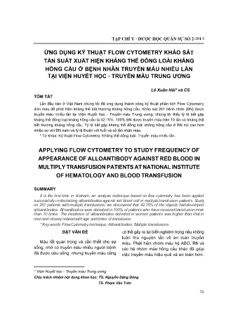 Ứng dụng kỹ thuật flow cytometry khảo sát tần suất xuất hiện kháng thể đồng loài kháng hồng cầu ở bệnh nhân truyền máu nhiều lần tại viện huyết học - Truyền máu trung ương
