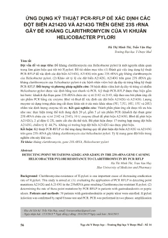 Ứng dụng kỹ thuật pcr - rflp để xác định các đột biến A2142g và A2143g trên gene 23s rrna gây đề kháng clarithromycin của vi khuẩn helicobacter pylori