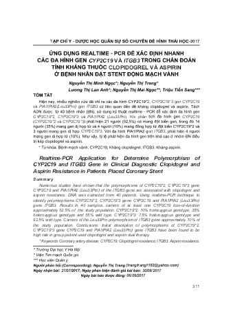 Ứng dụng realtime - Pcr để xác định nhanh các đa hình gen cyp2c19 và itgb3 trong chẩn đoán tính kháng thuốc clopidogrel và aspirin ở bệnh nhân đặt stent động mạch vành