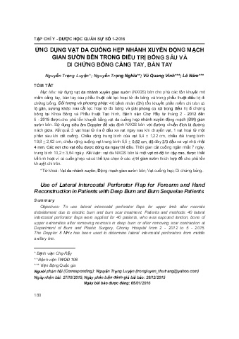 Ứng dụng vạt da cuống hẹp nhánh xuyên động mạch gian sườn bên trong điều trị bỏng sâu và di chứng bỏng cẳng tay, bàn tay