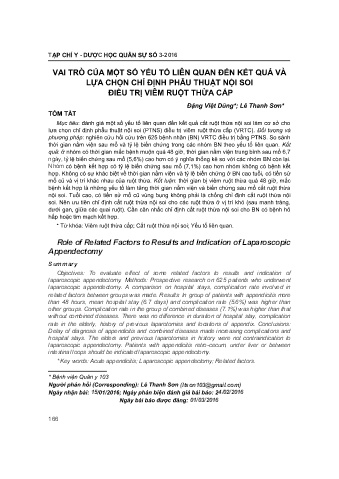 Vai trò của một số yếu tố liên quan đến kết quả và lựa chọn chỉ định phẫu thuật nội soi điều trị viêm ruột thừa cấp