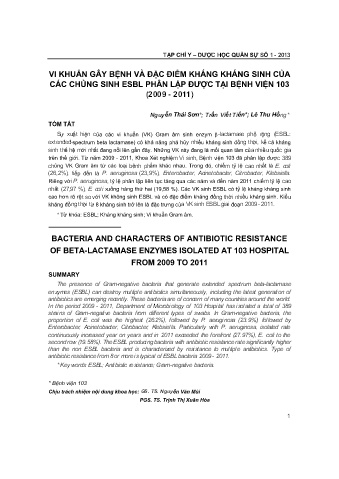 Vi khuẩn gây bệnh và đặc điểm kháng kháng sinh của các chủng sinh esbl phân lập được tại bệnh viện 103 (2009 - 2011)