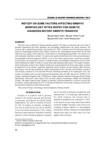 Wstudy on some factors affecting embryo morphology after biopsy for genetic diagnosis before embryo transfer