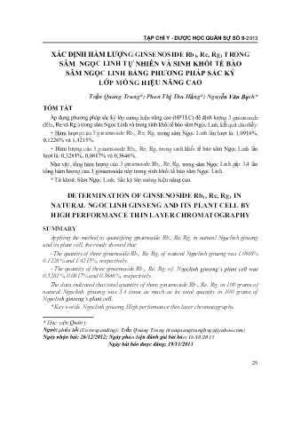 Xác định hàm lượng ginsenoside rb1, re, rg1 trong sâm ngọc linh tự nhiên và sinh khối tế bào sâm Ngọc Linh bằng phương pháp sắc ký lớp mỏng hiệu năng cao
