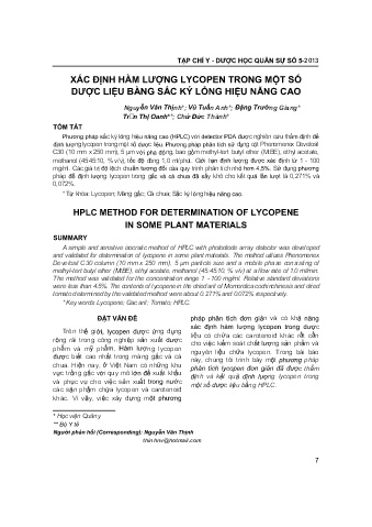Xác định hàm lượng lycopen trong một số dược liệu bằng sắc ký lỏng hiệu năng cao
