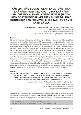 Xác định hàm lượng polyphenol toàn phần, khả năng triệt tiêu gốc tự do, khả năng ức chế men alph-glucosidase và hiệu quả kiểm soát đường huyết trên chuột đái tháo đường của sản phẩm vos chiết tách từ lá vối, lá ổi, lá sen