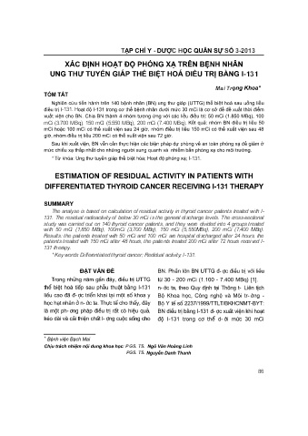 Xác định hoạt độ phóng xạ trên bệnh nhân ung thư tuyến giáp thể biệt hoá điều trị bằng I - 131